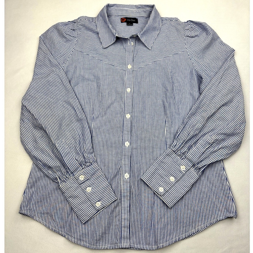 Indigo Poppy Blue White Striped Button Down Shirt Western Yoke Puff Sleeve L